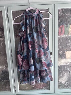 Blue Floral Halter Dress with Pink Rose Print